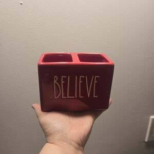 Rae Dunn Red BELIEVE Ceramic Organizer